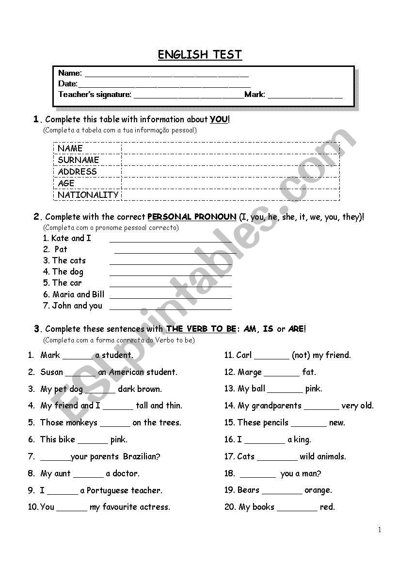 English Test beginners ESL Worksheet By Pitchurri2010