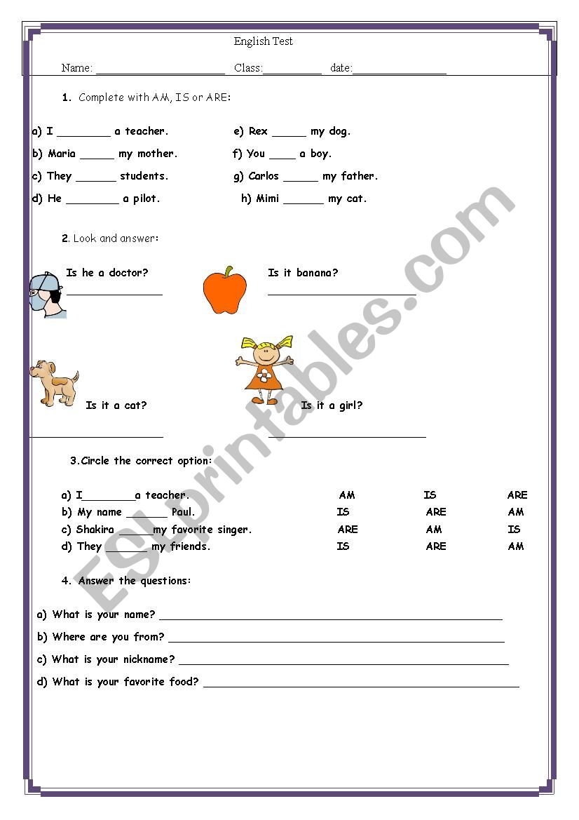 English Test For Basic Level ESL Worksheet By Lauroka