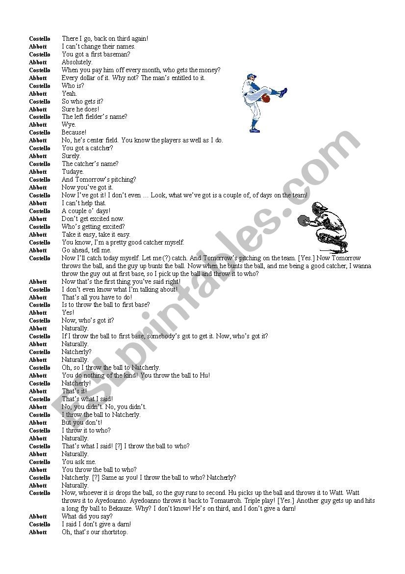 English Worksheets Abbott U0026 Costello Who s On First ws 