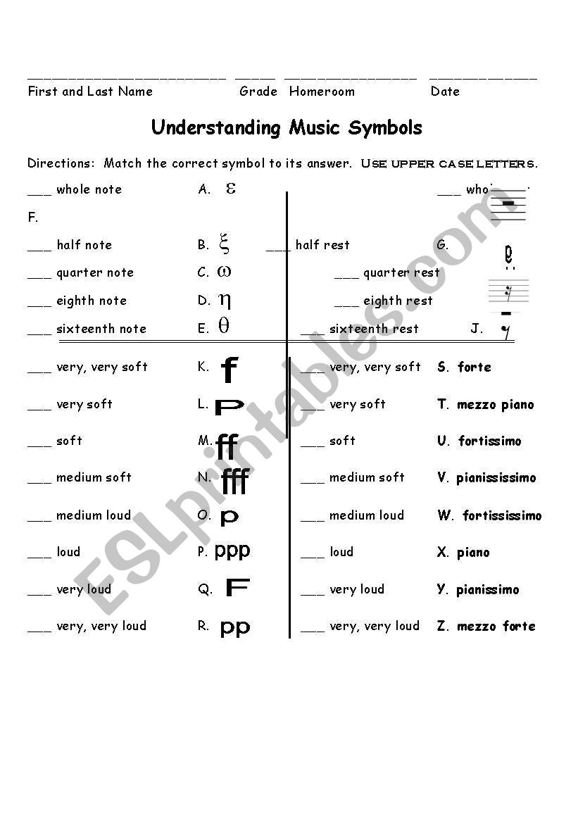 English Worksheets Music Understanding Music Symbols 