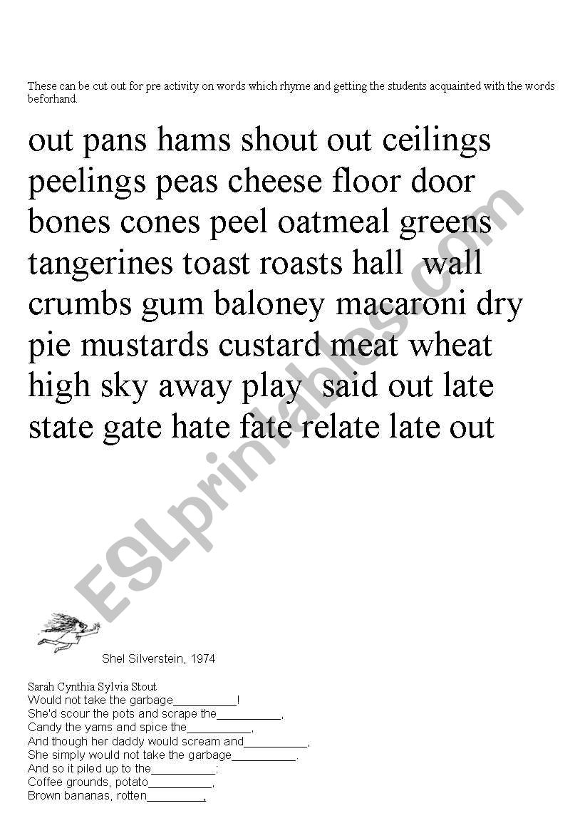 English Worksheets Sarah Cynthia Stout By Shel Silverstein Fill In The Blanks Listening