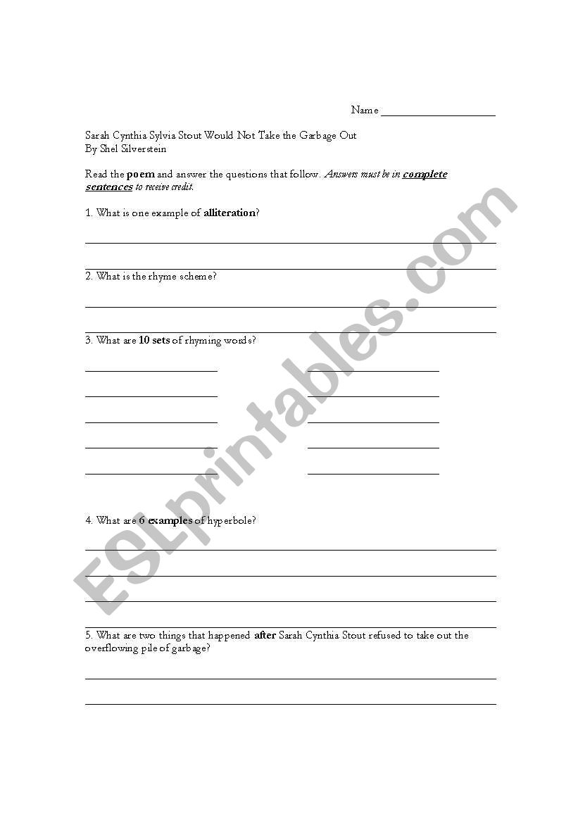 English Worksheets Sarah Cynthia Sylvia Stout