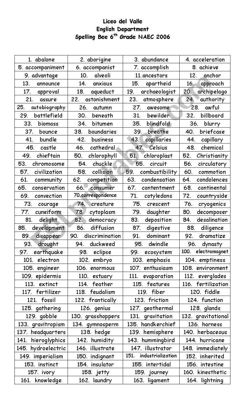 English Worksheets Spelling Words For 6th Graders