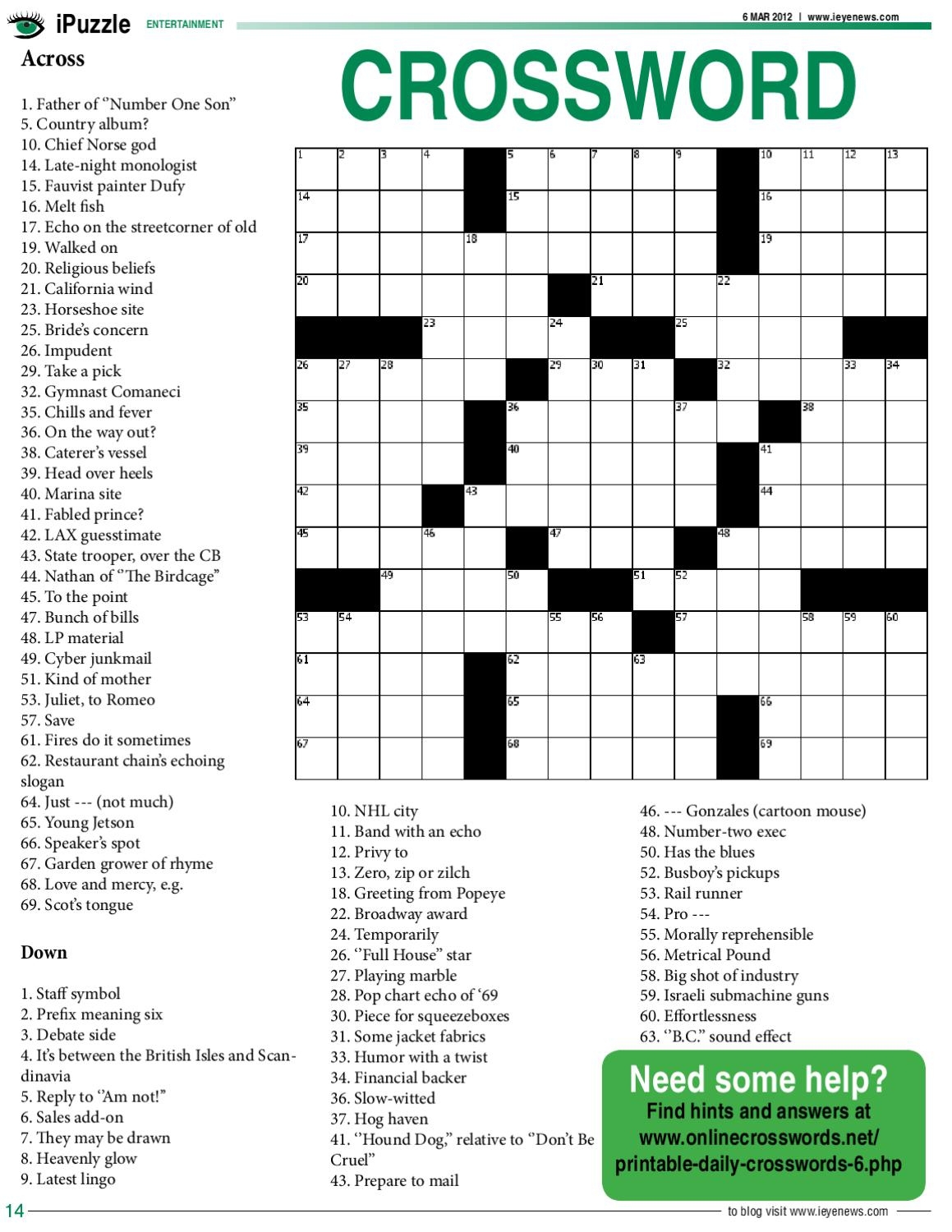 free daily crossword puzzles printable
