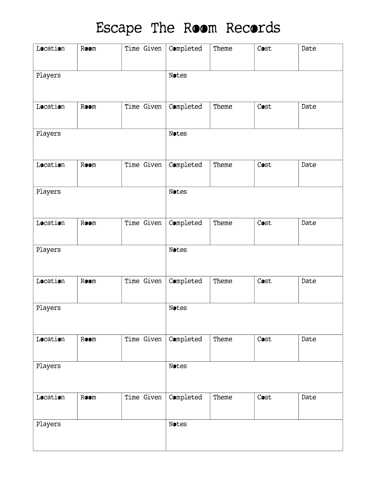 Escape The Room Records Free Printable Download 3 Years Apart