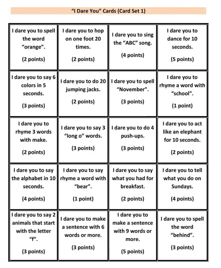 ESL Game I Dare You printable Cards Stickyball ESL Lessons
