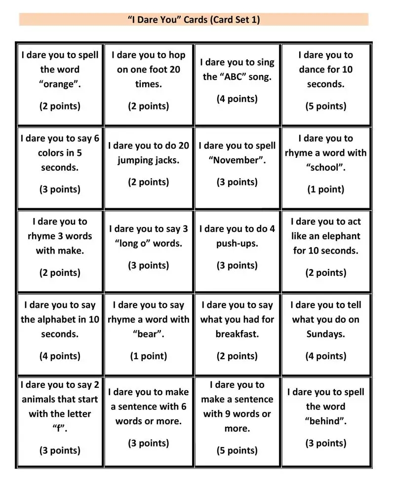 ESL Game I Dare You printable Cards Stickyball ESL Lessons