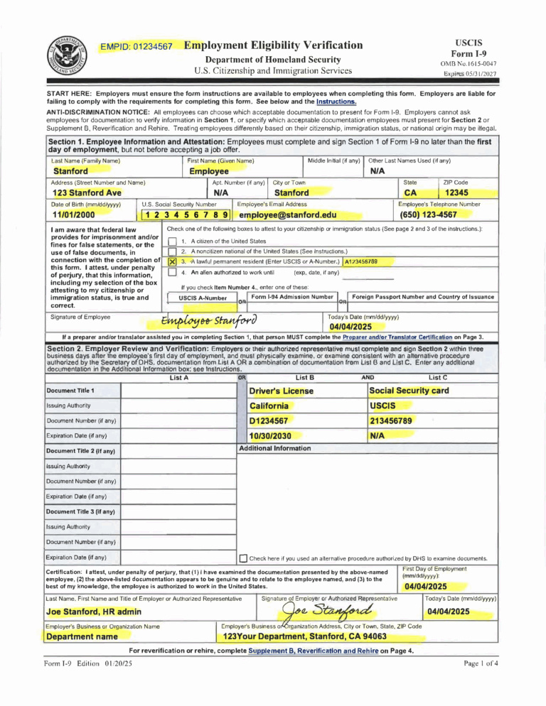 Examples Of Completed Form I 9 For Stanford