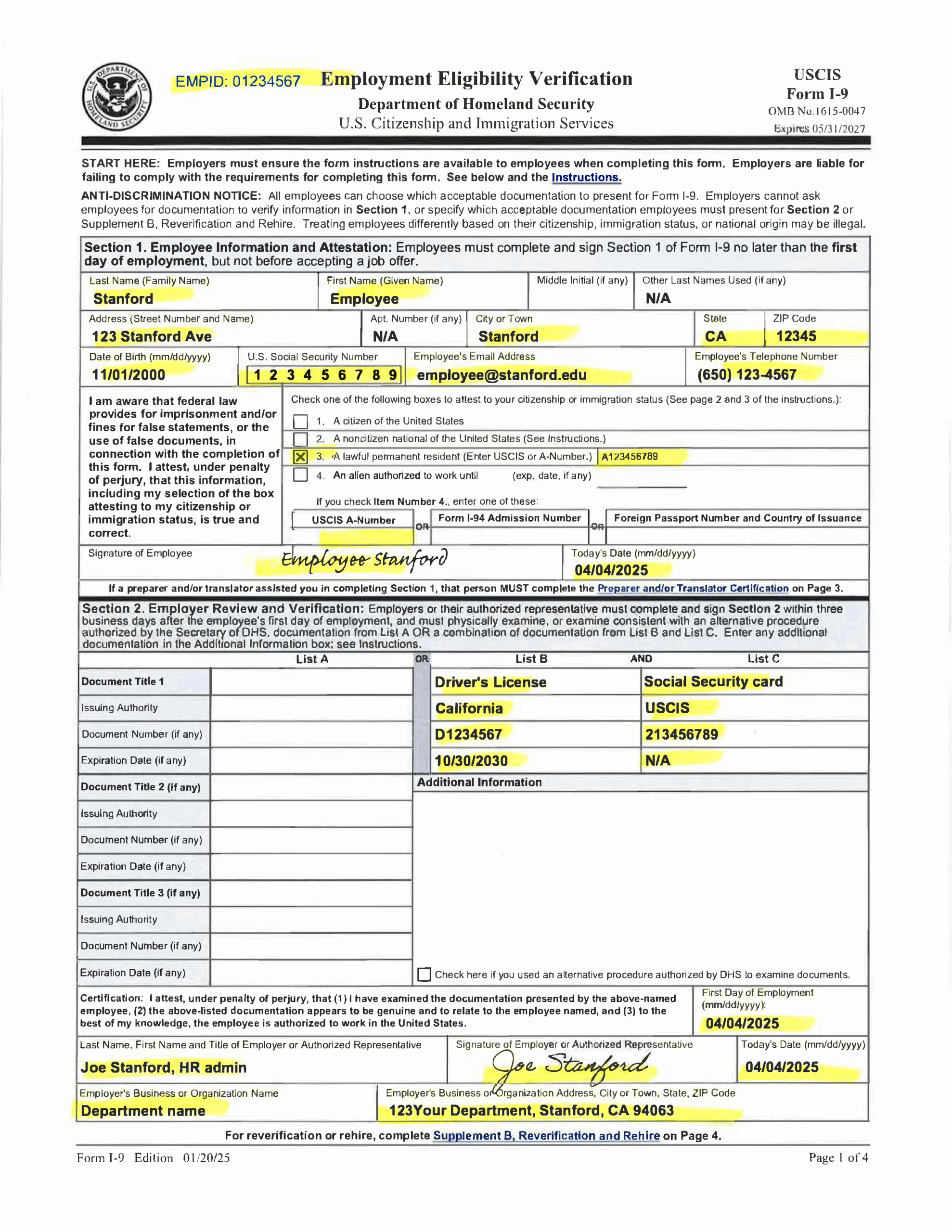 Examples Of Completed Form I 9 For Stanford