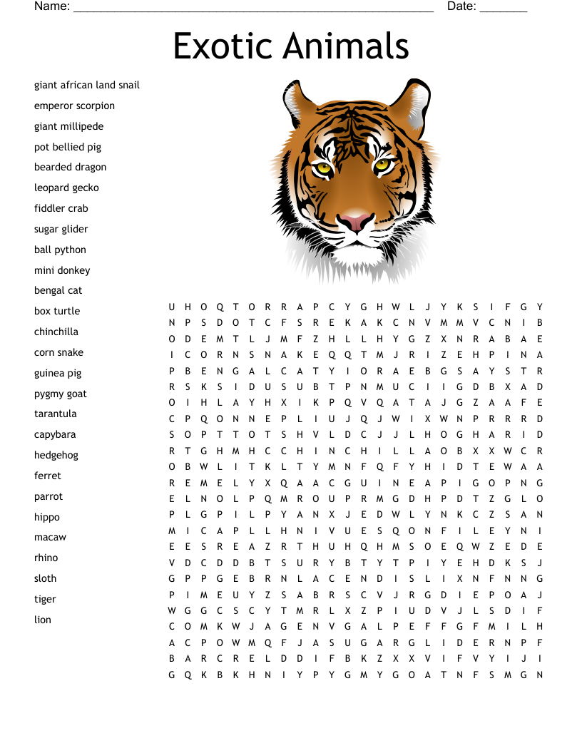 Exotic Animals Word Search WordMint