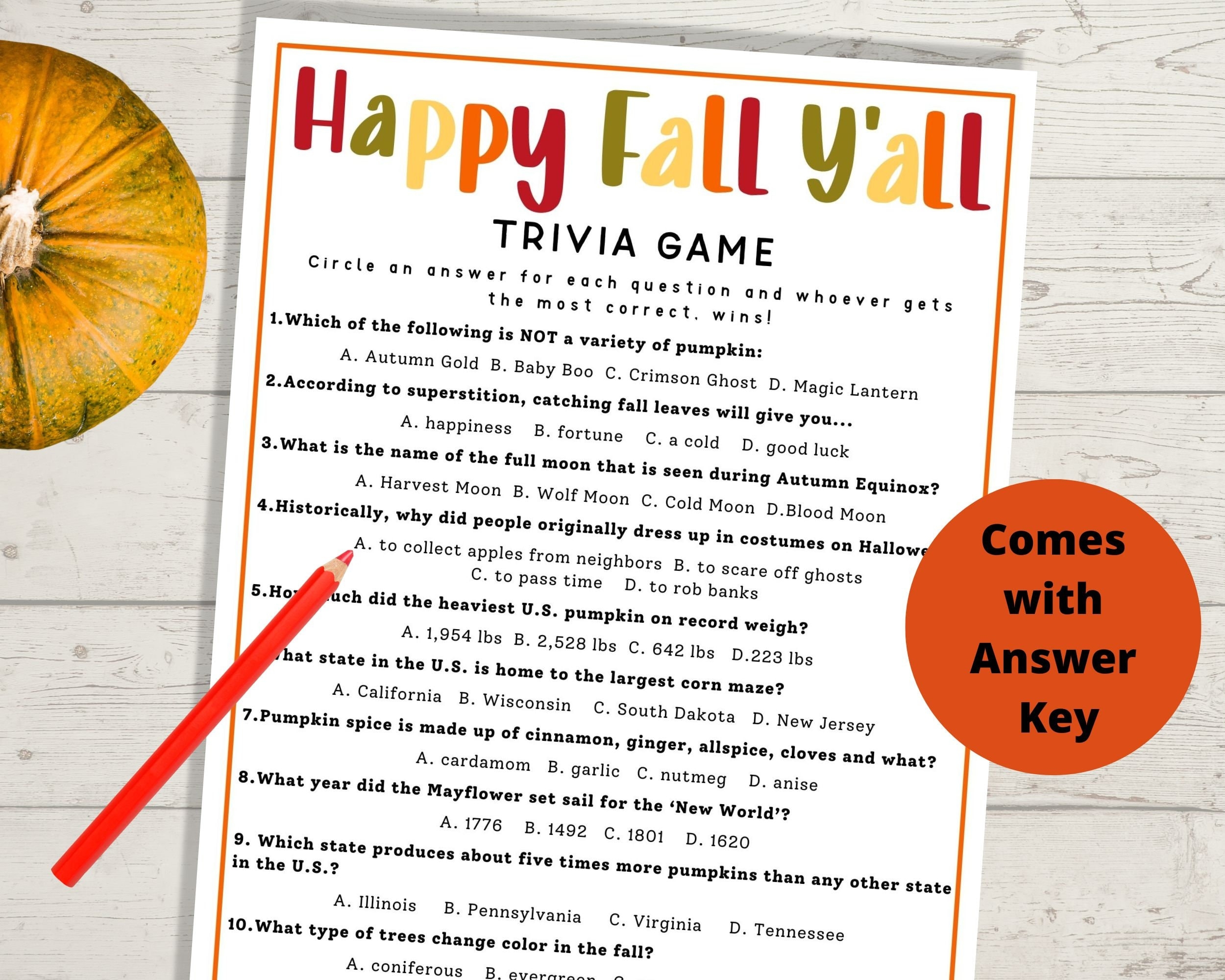 Fall Trivia Game Autumn Trivia Quiz Fall Printables Printable 