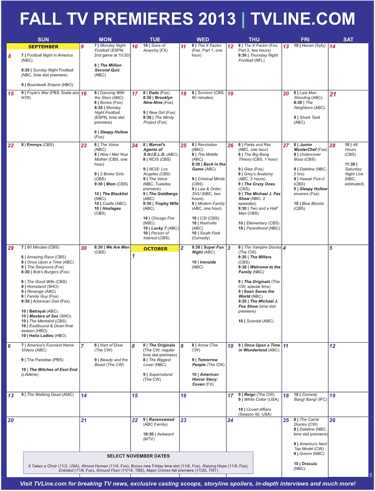 Fall TV Premiere Dates 2013 Calendar Of 100 Season U0026 Series Premieres