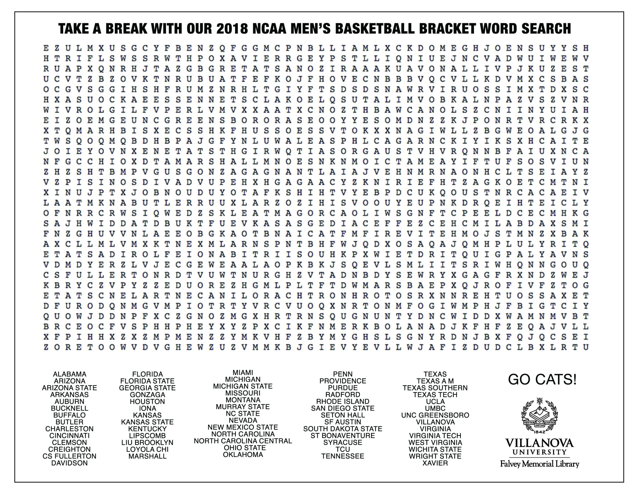 Falvey Library Take A Break With Our 2018 NCAA Tournament Bracket Word Search