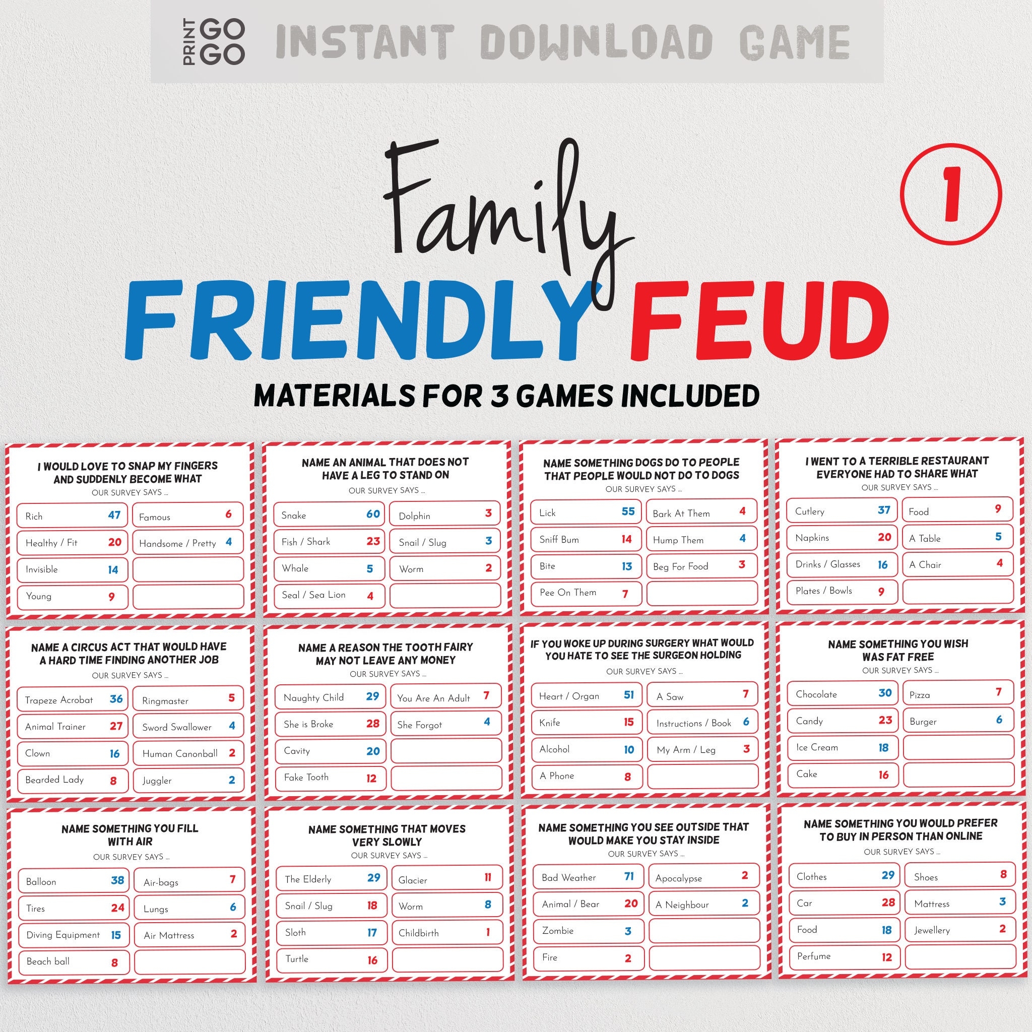 Family Friendly Feud Version 1 The Hilarious Party Game Of Guessing Top Answers Family Game Night Printable Group Team Game