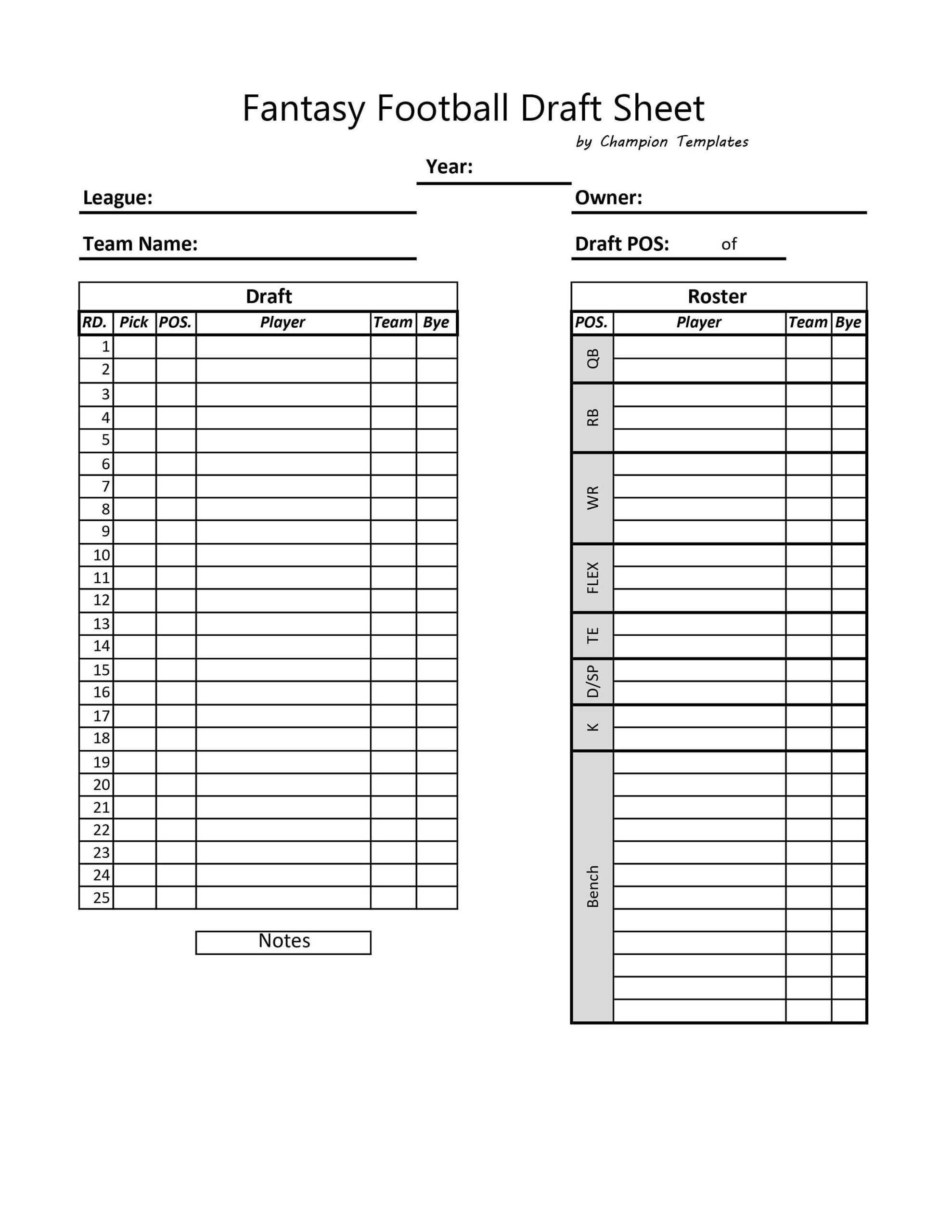 Fantasy Football Draft Day Sheet Template