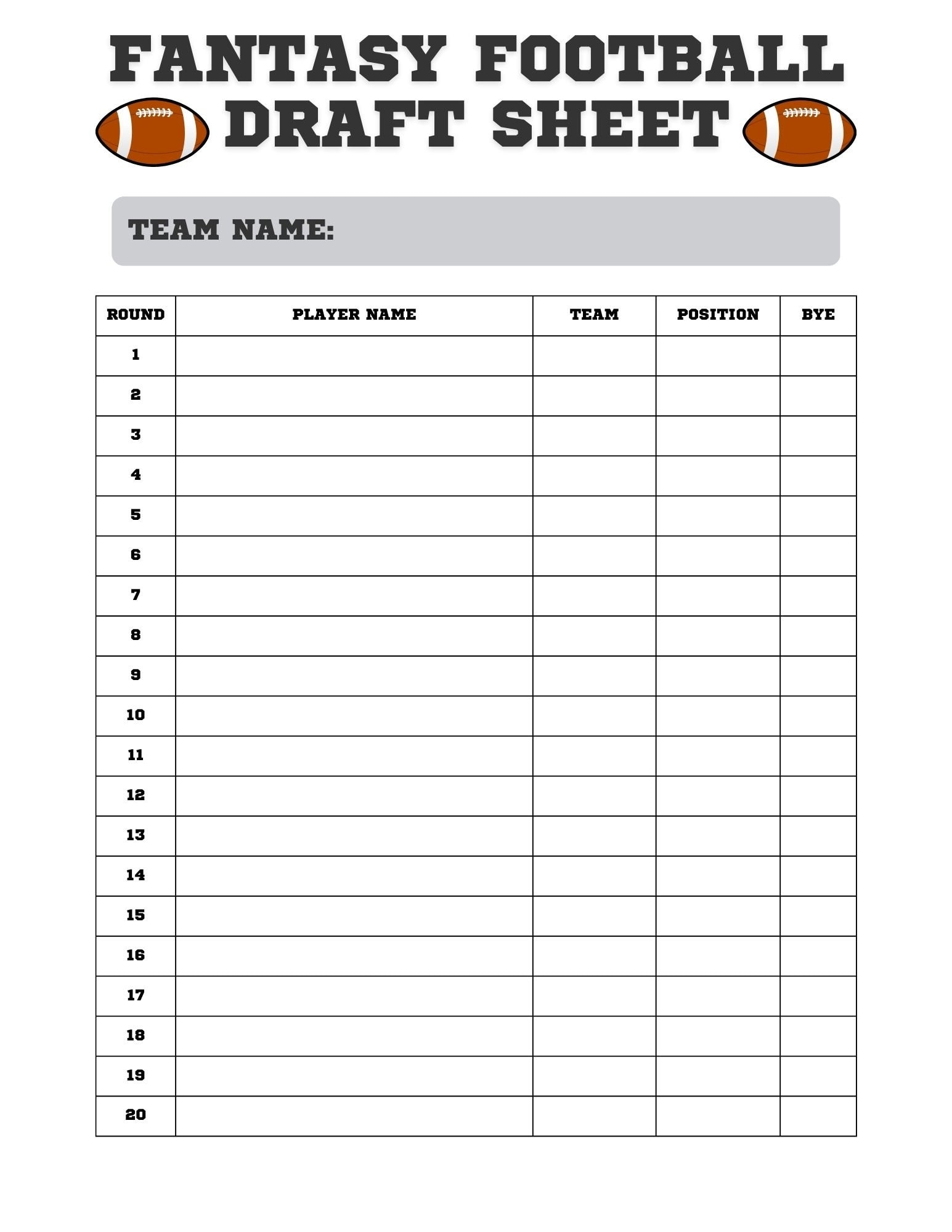 Fantasy Football Draft Sheet Football Draft Kit Paper Fantasy 