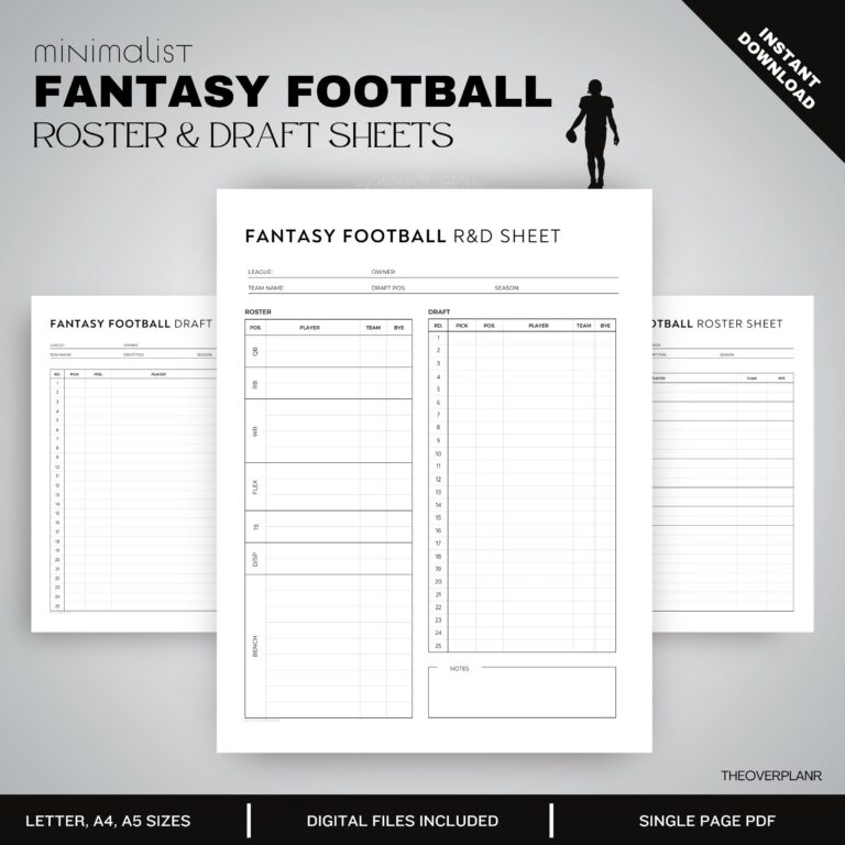 Fantasy Football Draft Sheet Template Printable Sheet Digital 