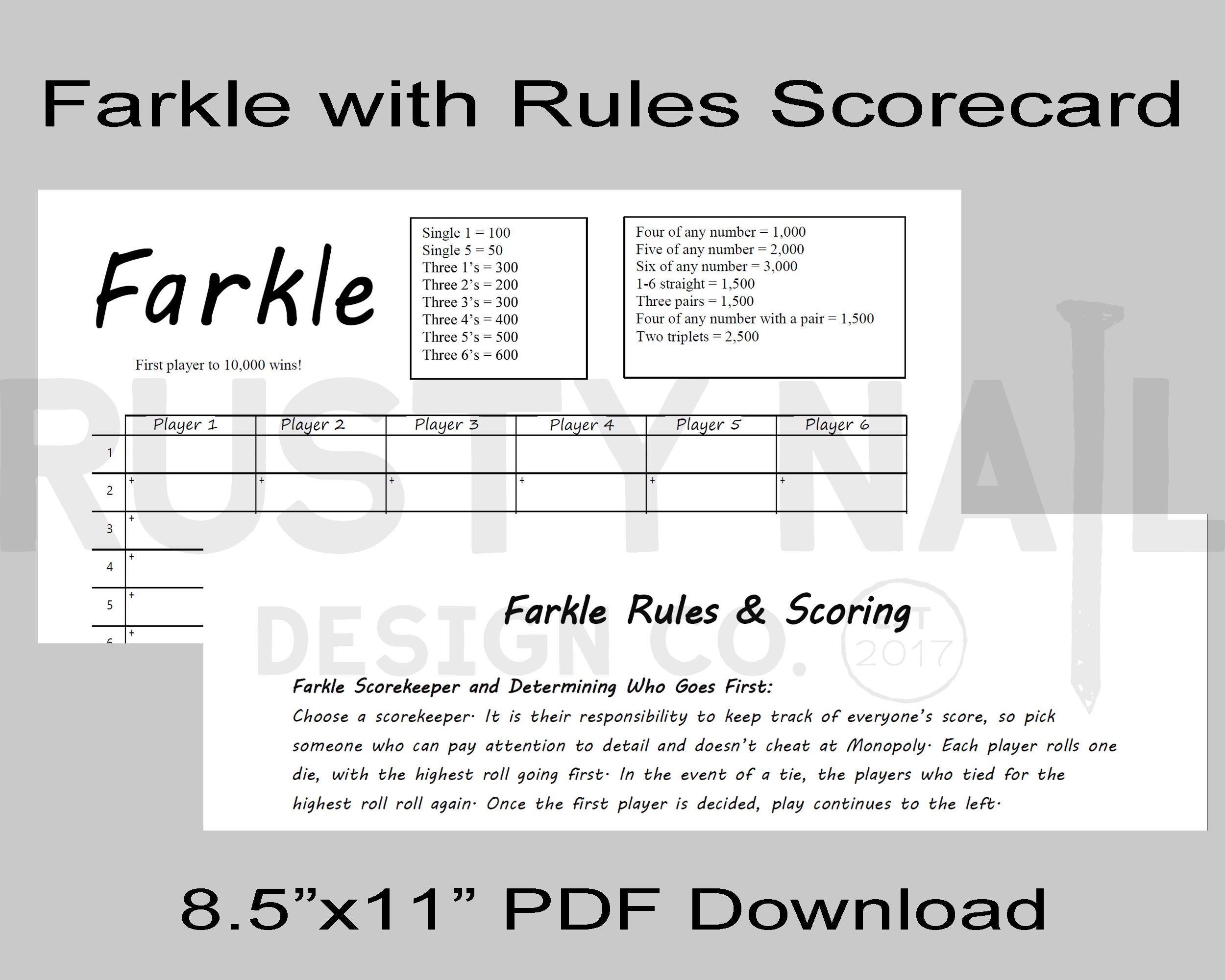 Farkle Game Scorecard PDF 8 5x11 Double sided Scorecard Farkle On The Front Rules On The Back Download And Print Your Own Scorecard Etsy UK