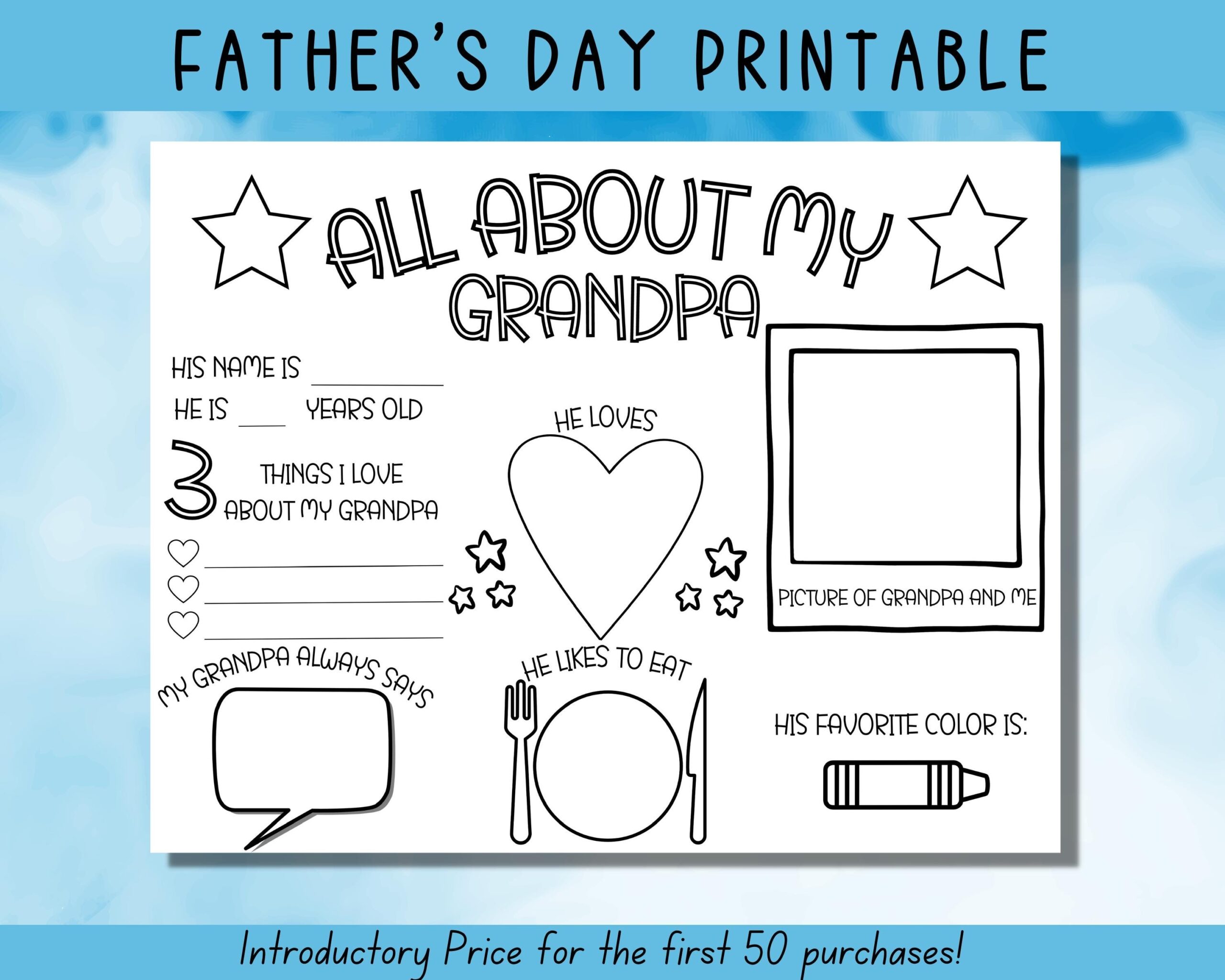 Father s Day Printable All About My Grandpa Fathers Day Gift Card For Dad Activity Page Fathers Day Coloring In Fathers Day Activity Etsy