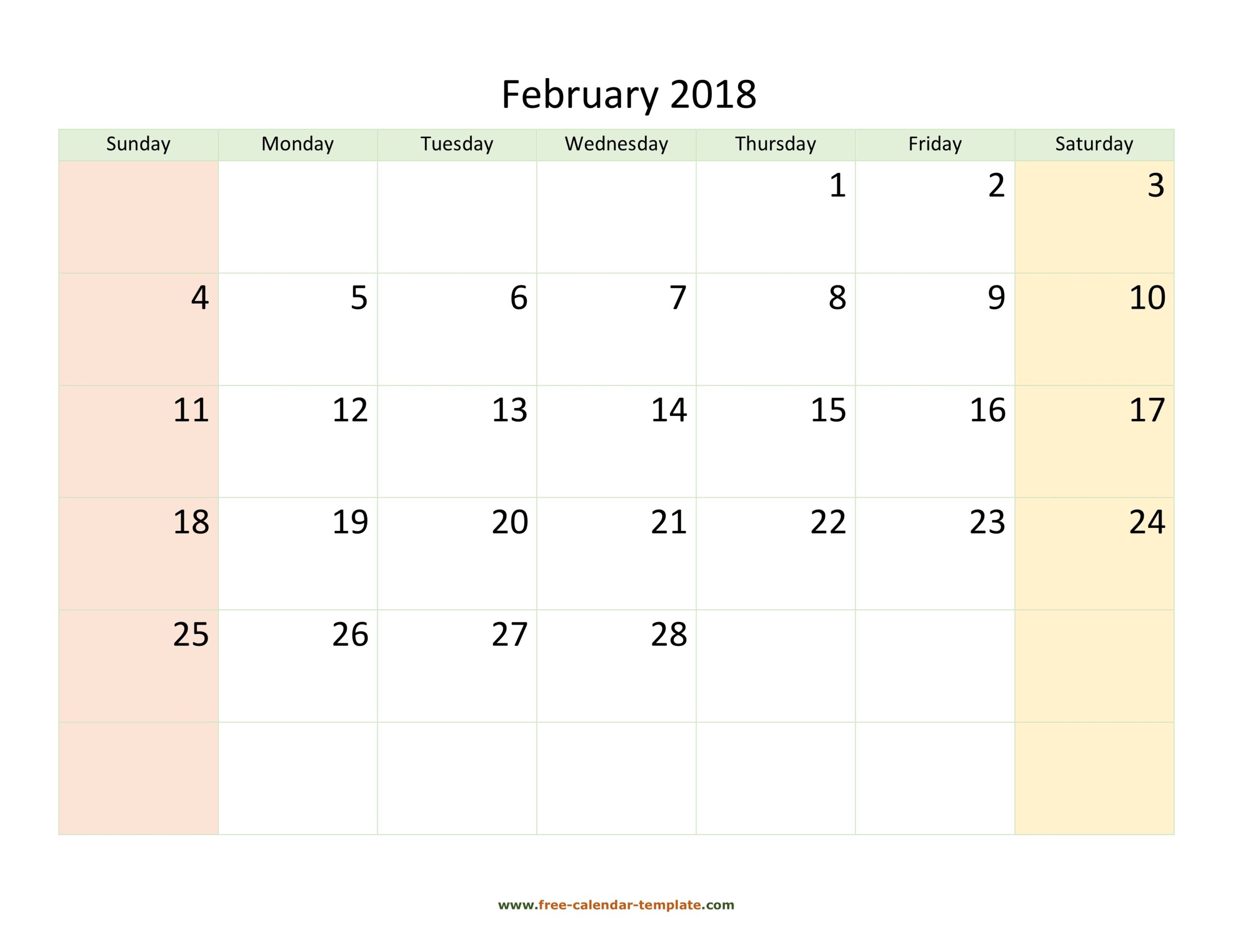 February 2018 Calendar Printable With Coloring On Weekend 