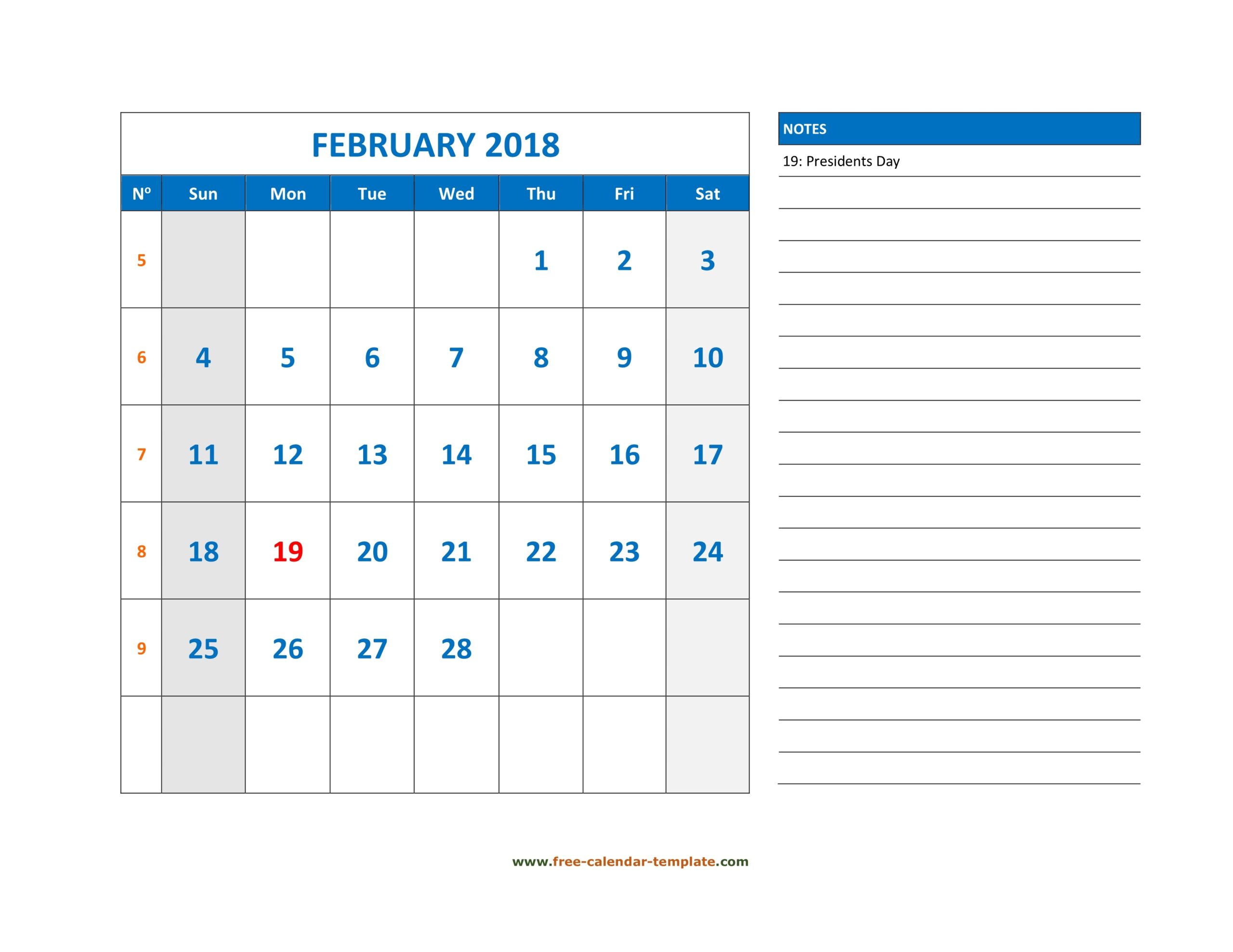 February Calendar 2018 Grid Lines For Holidays And Notes 