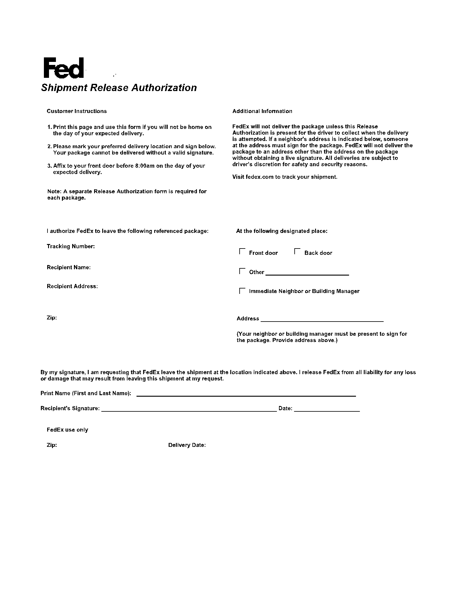 FedEx Door Tag Release Form Fill U0026 Download The PDF Online