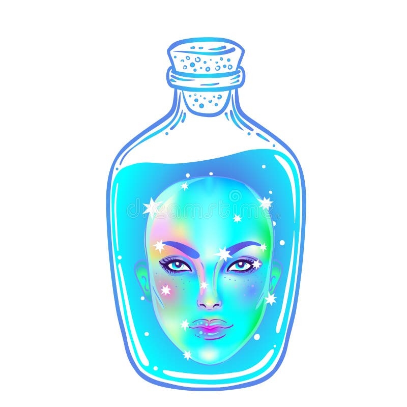 Female Head Inside A Bottle With A Blue Liquid Vector Color Illustration Stock Vector Illustration Of Glass Bald 230458856