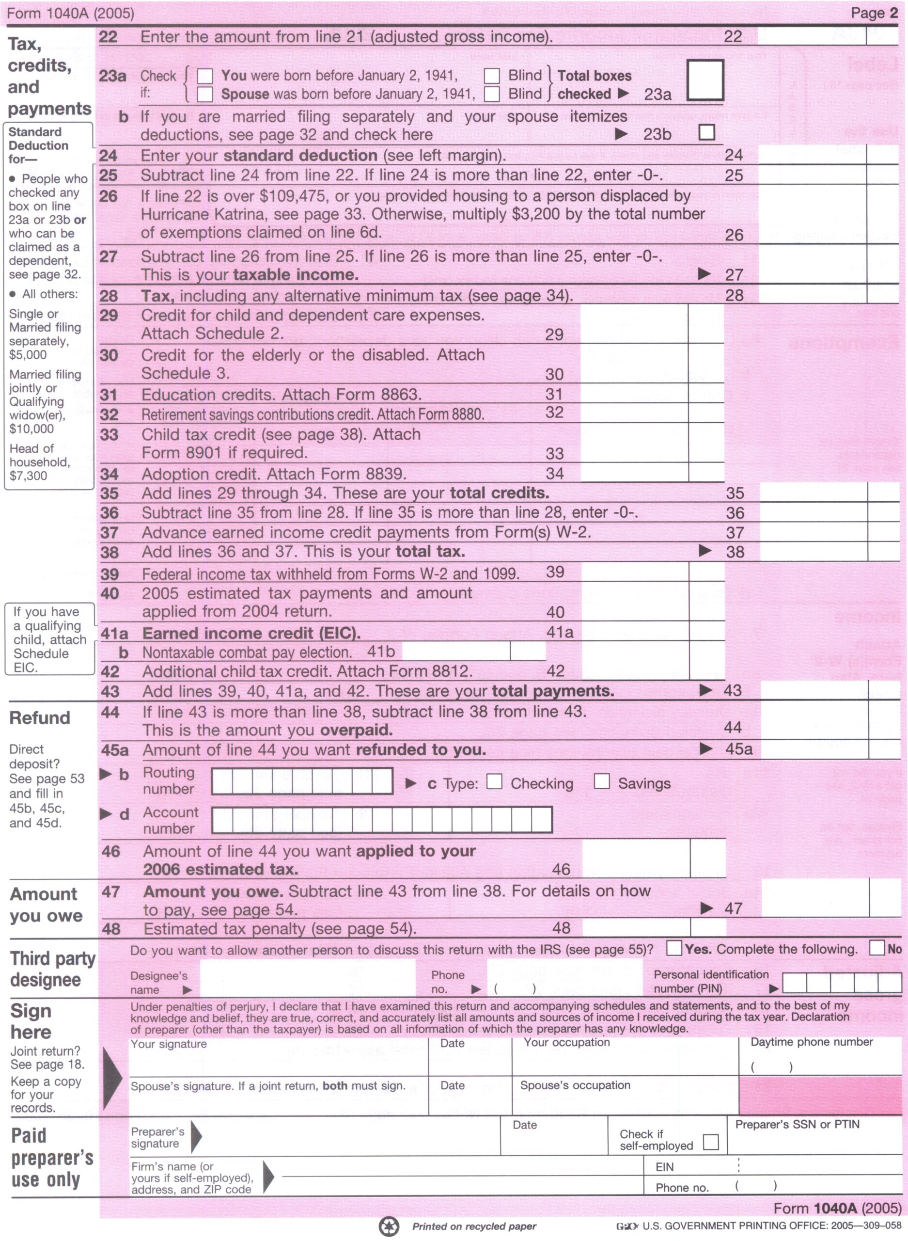File Form 1040A 2005 Page 2 jpg Wikimedia Commons