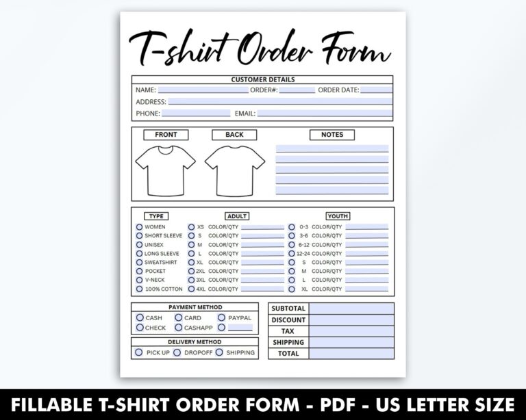 Fillable T shirt Order Form Template Editable Shirt Order Form 