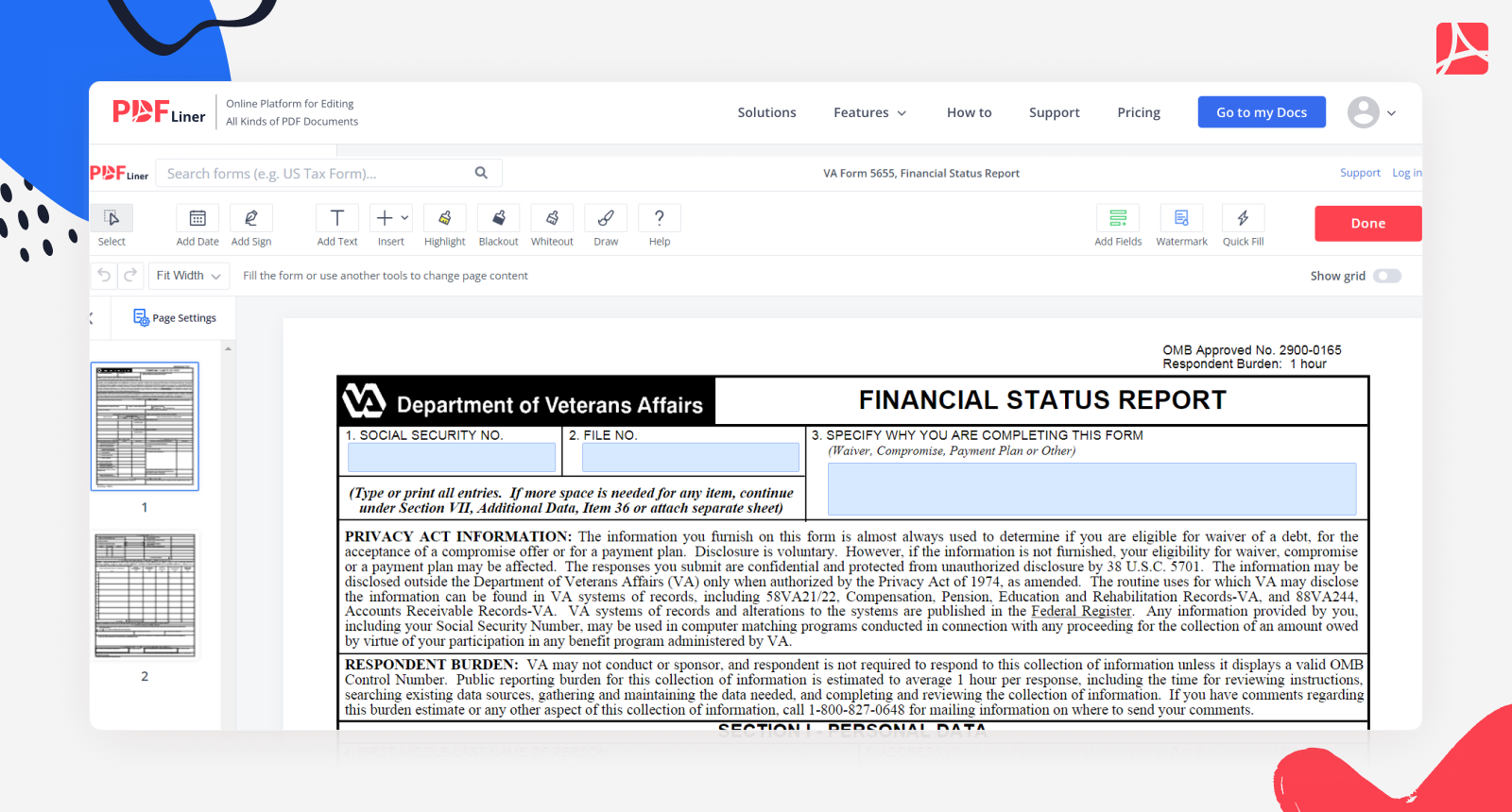 Fillable VA Form 5655 Financial Status Report PDFliner