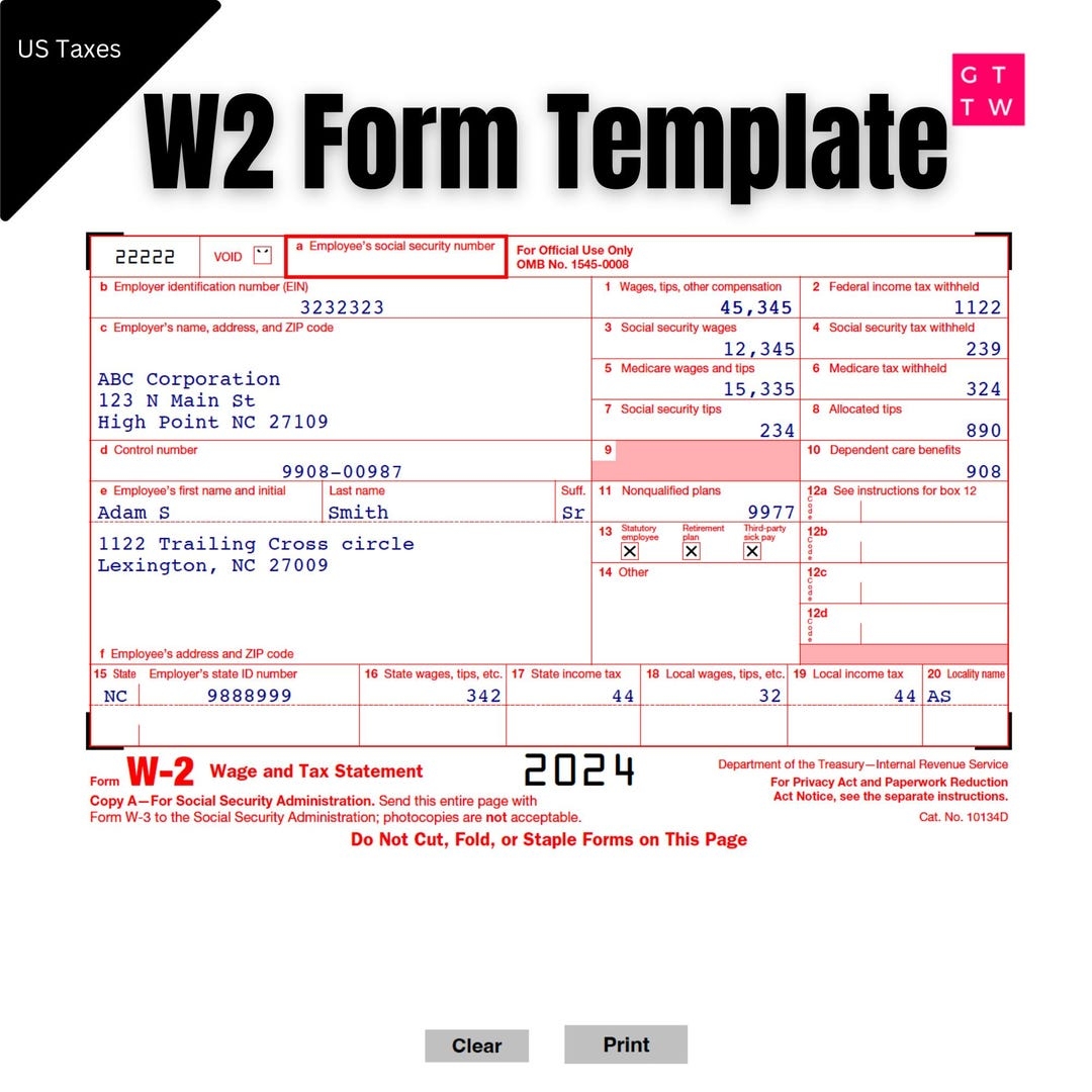 Fillable W2 Form 2025 Printable IRS Template digital Download 