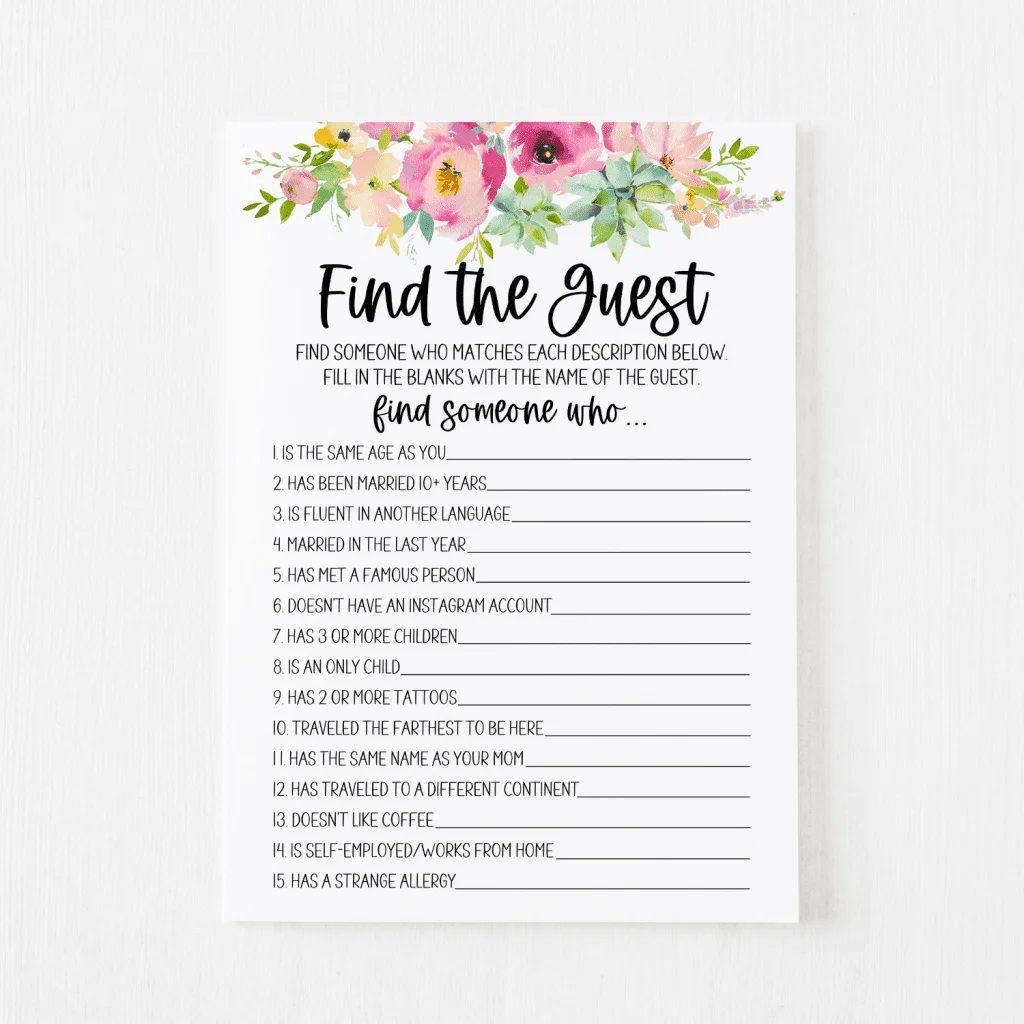 Find The Guest Bridal Shower Game Free Printable Modern MOH