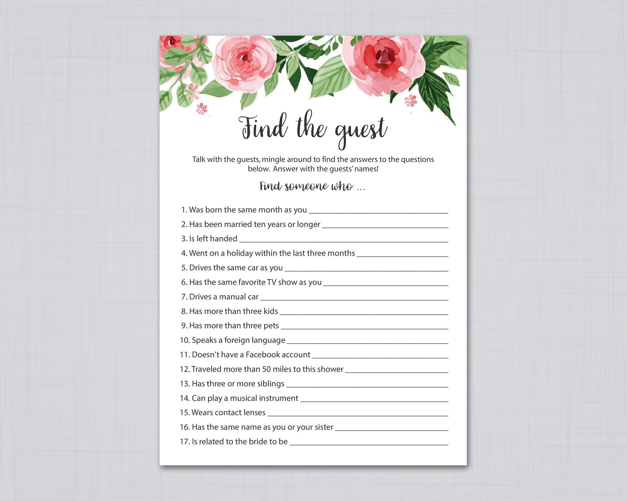 Find The Guest Bridal Shower Games Printable Shower Game Wedding Shower Floral Bridal Shower Pink Bridal Shower Guessing Game J003 Etsy Australia