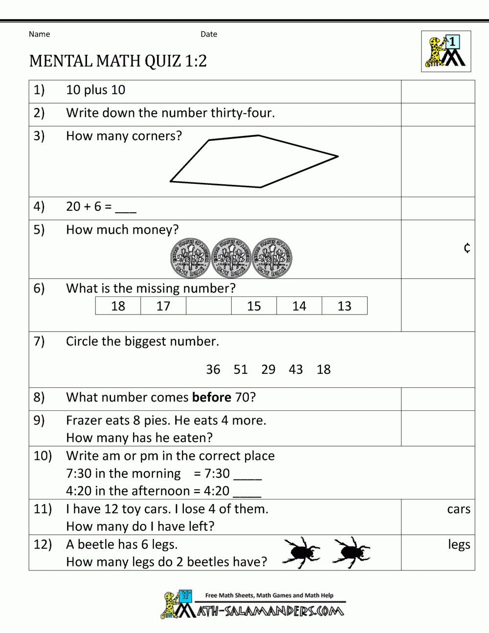 math test for 1th grade printable math test for 1th grade printable