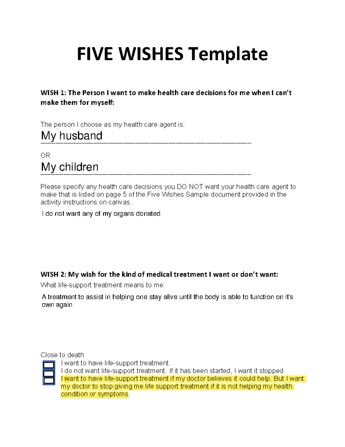 Five Wishes Template For Health Care Decisions And Treatments Studocu