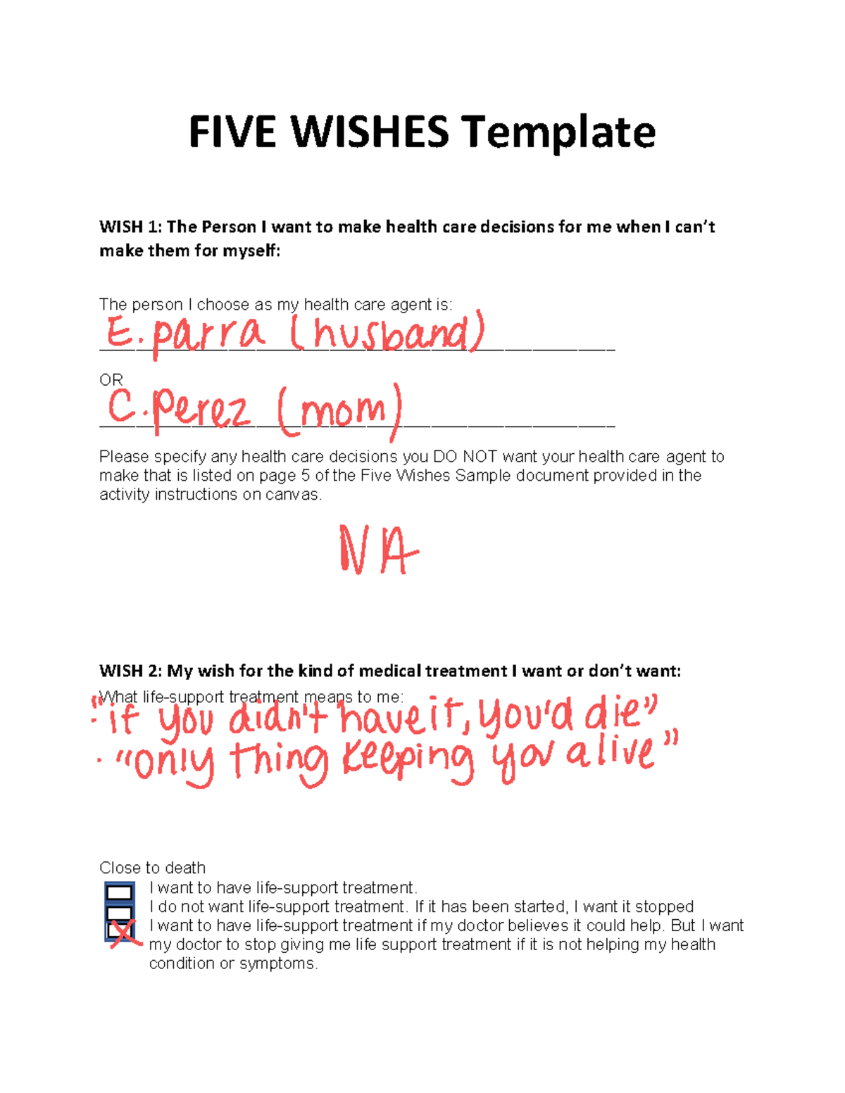 Five Wishes With Questions Answered FIVE WISHES Template WISH 1 The Person I Want To Make Health Studocu