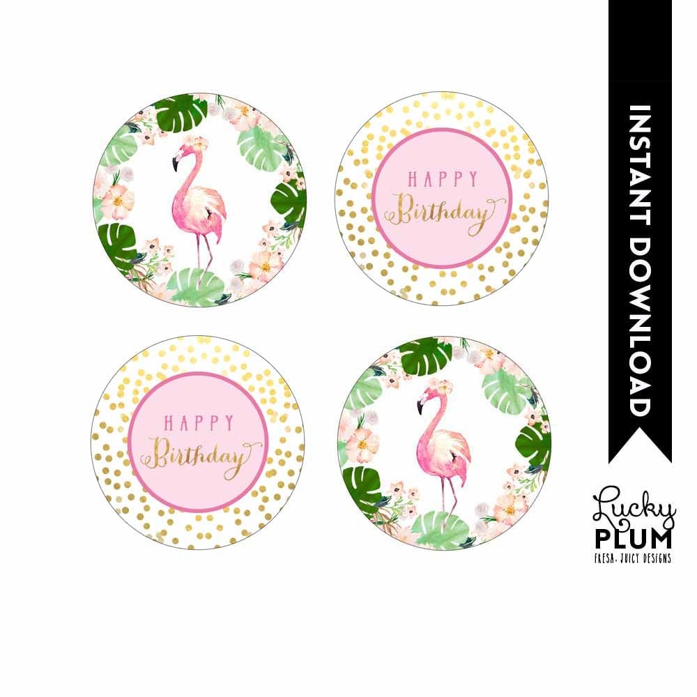 Flamingo Cupcake Toppers Tropical Luau Cupcake Toppers Flamingo Flowers Round Labels Aloha Printable FG01