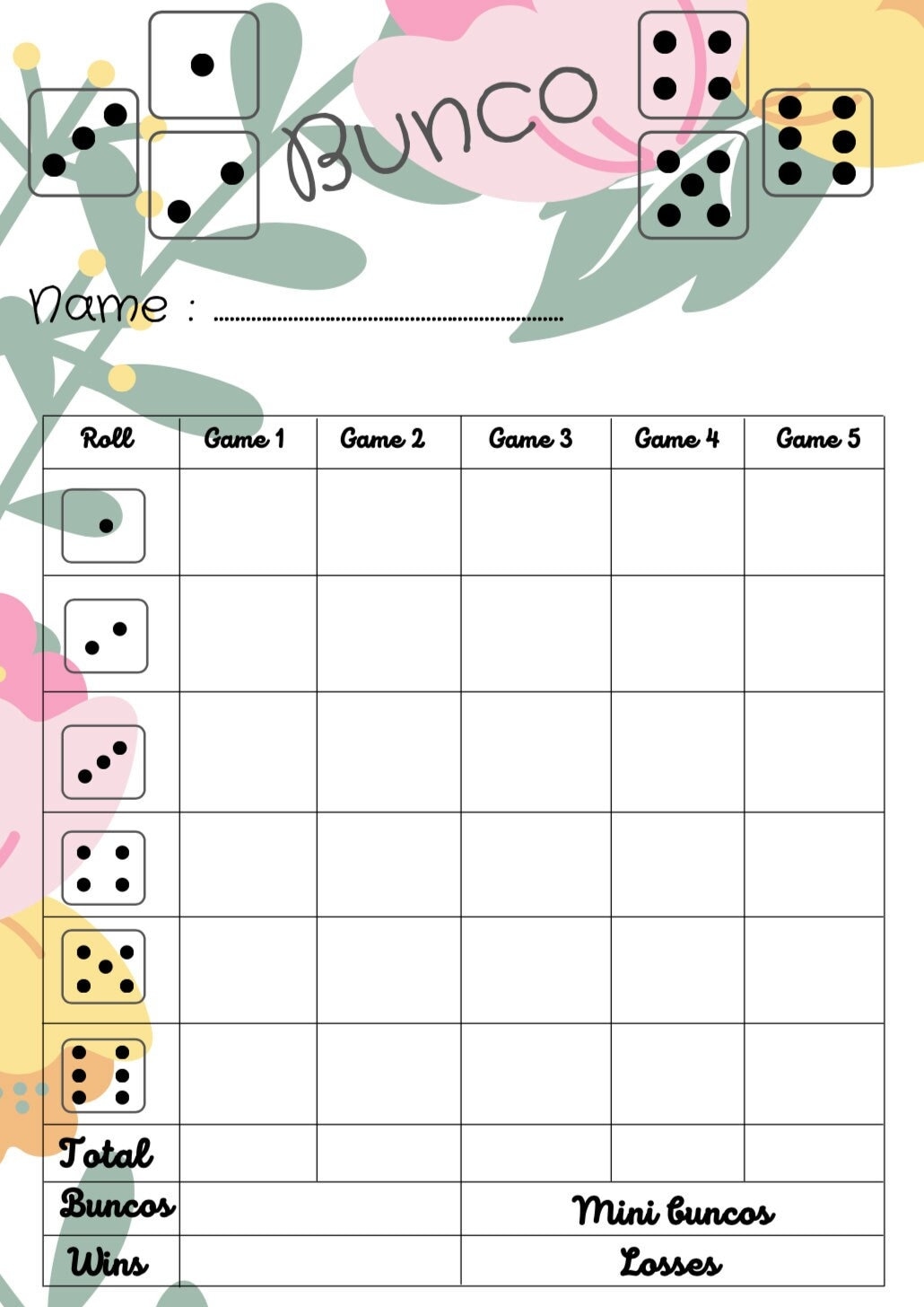 free printable bunco score cards