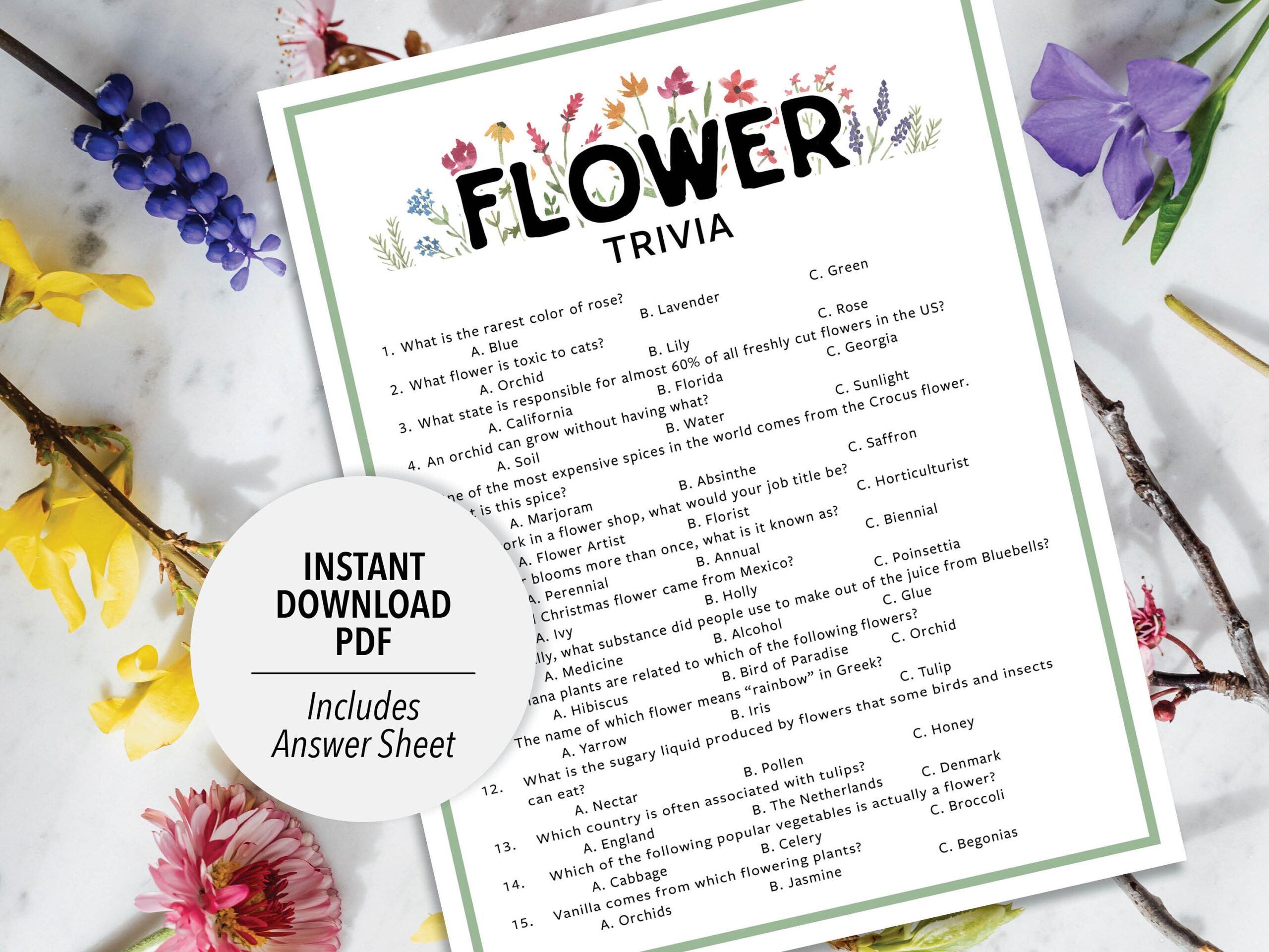 Flower Trivia Flower Trivia Game Printable Flower Trivia Flower Party Trivia Game Printable Trivia Flowers Themed Trivia Floral Etsy