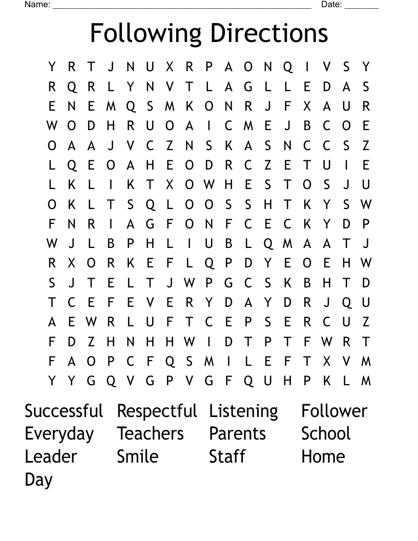 Following Directions Word Search WordMint Following Directions Word Search WordMint
