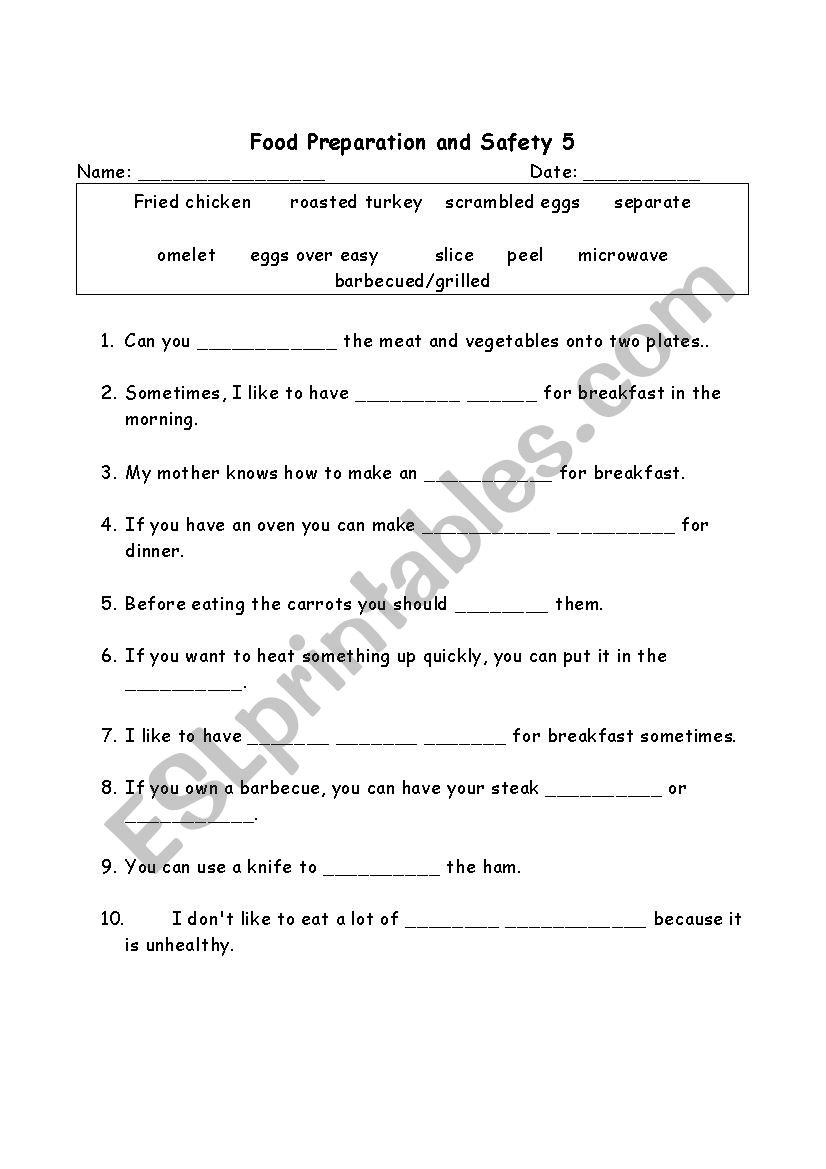 food safety printable worksheets