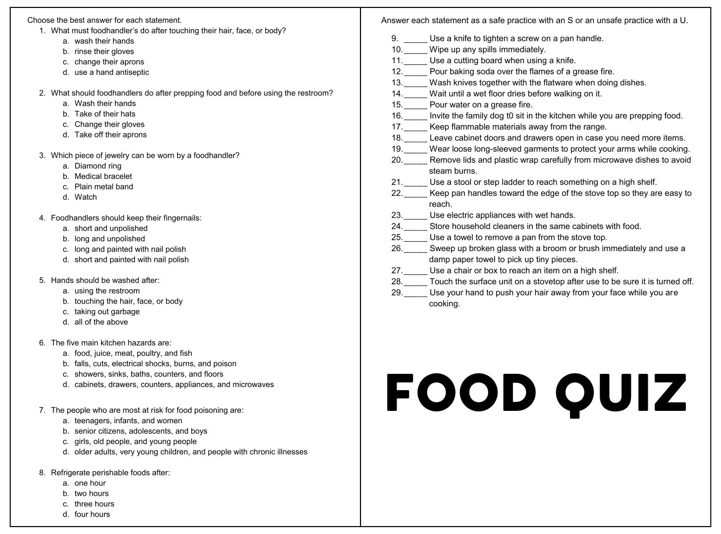printable fun food quiz