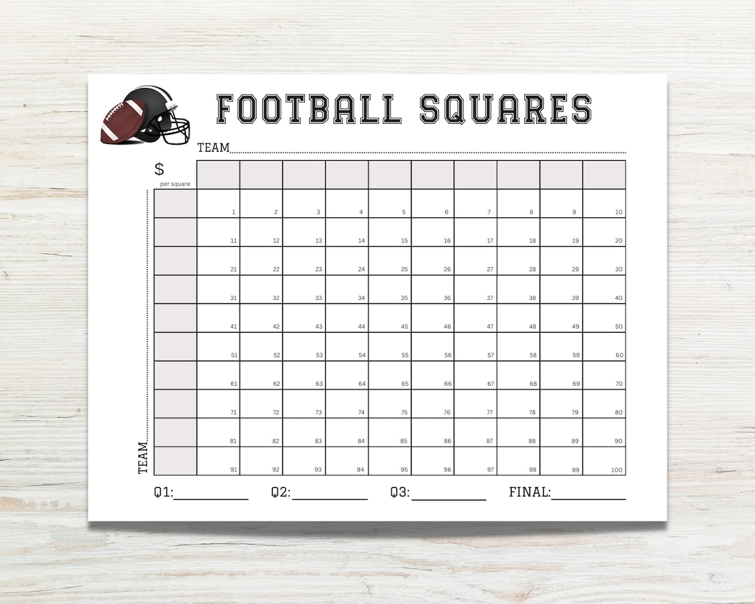 Football Squares Printable Football Square Fundraiser 100 Square Football Board Football Square Template Football Pool Template Grid Etsy