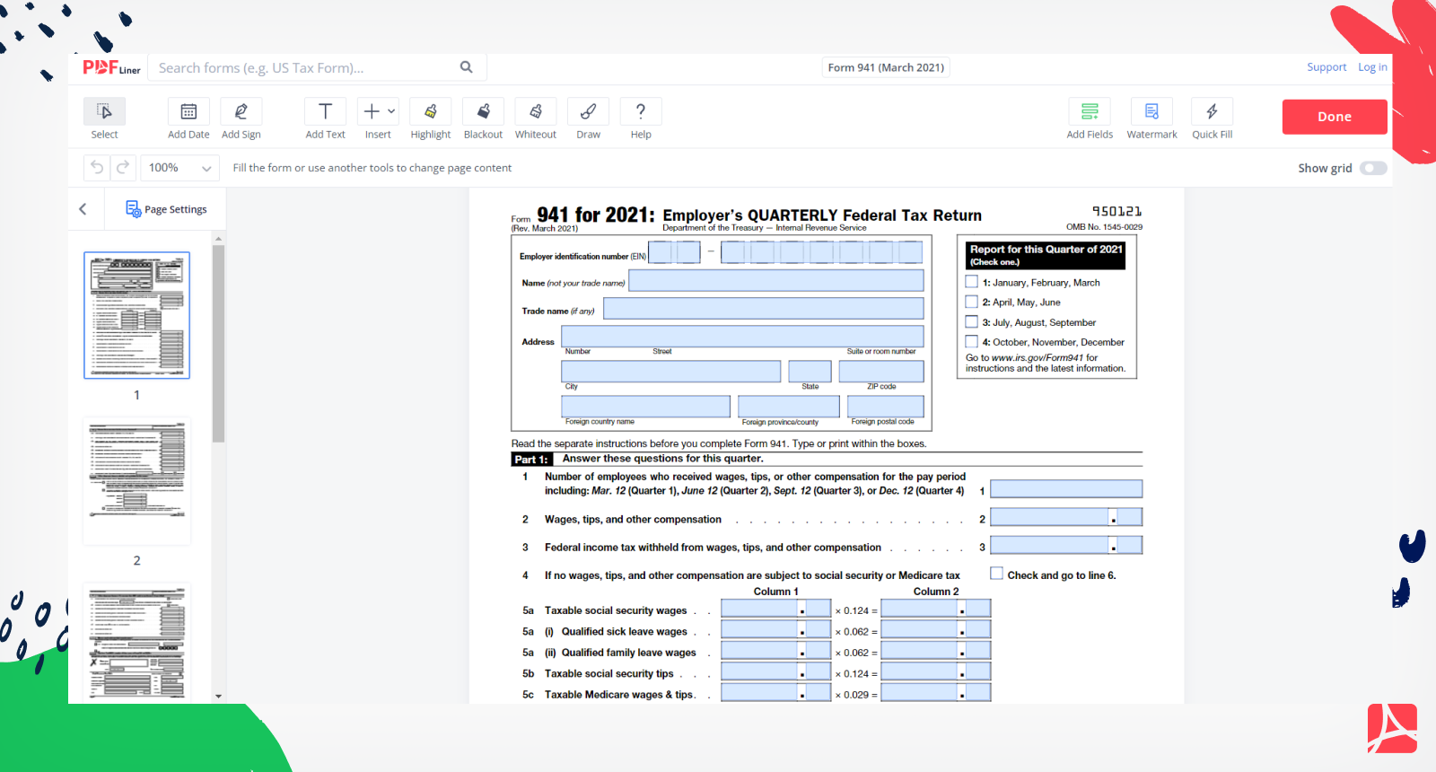 Form 941 March 2021 Printable Blank Form Online PDFliner