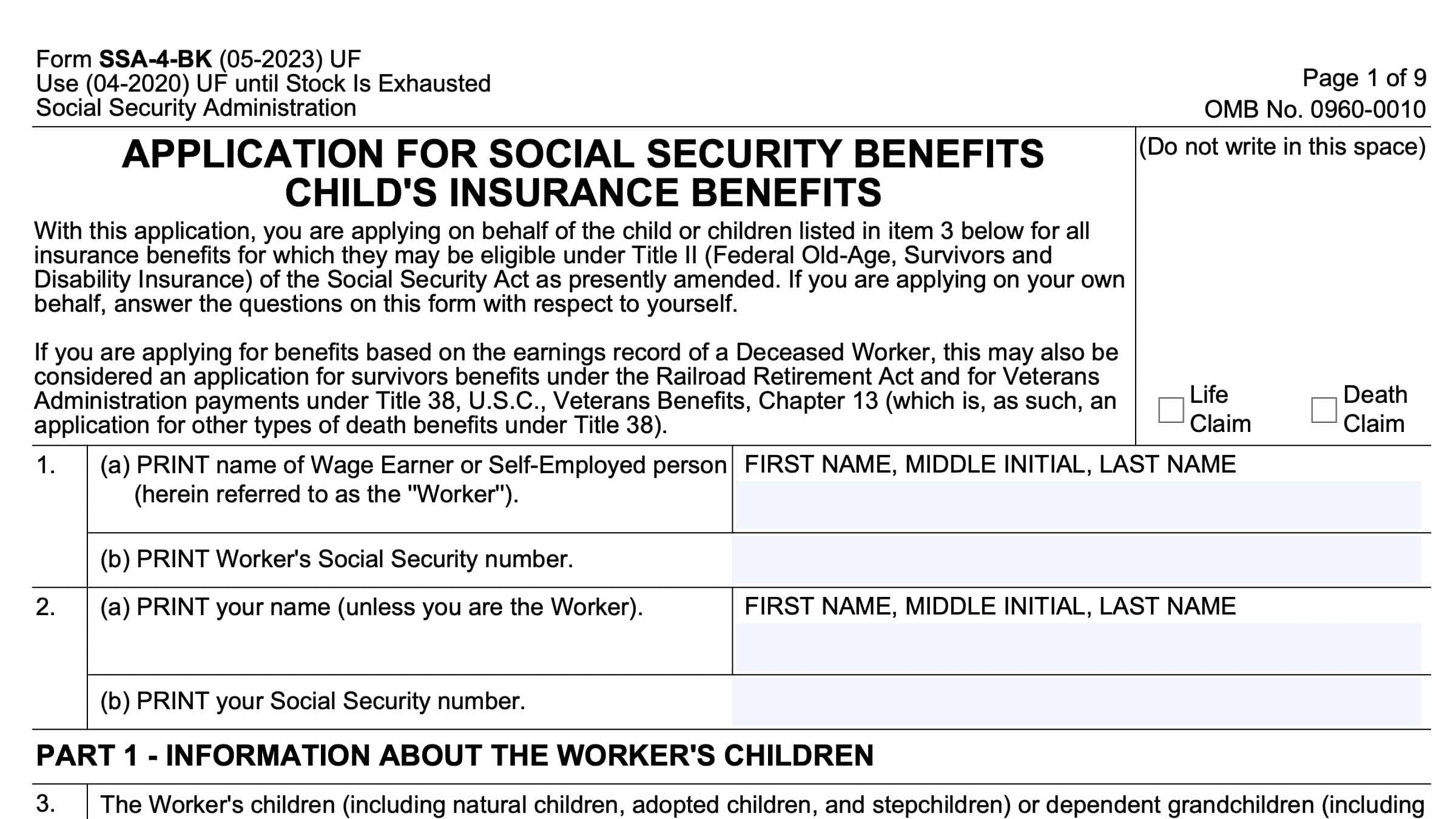 Form SSA 4 BK Instructions Child s Social Security Application