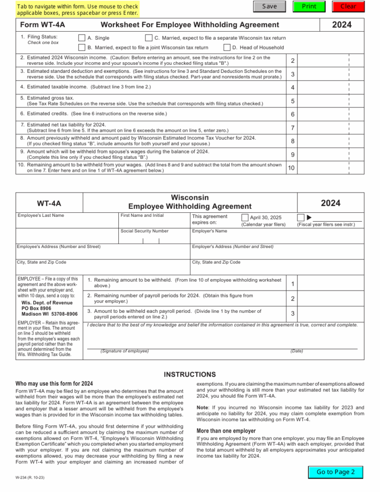 Form WT 4A W 234 Download Fillable PDF Or Fill Online Worksheet For Employee Withholding Agreement 2024 Wisconsin 2021 2025 Templateroller