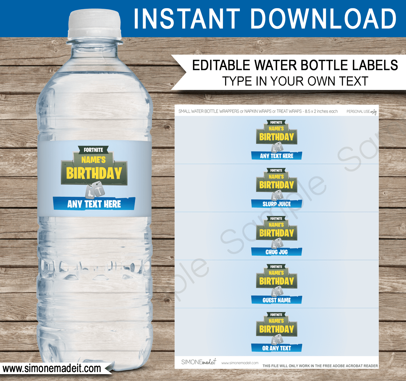 Fortnite Party Water Bottle Labels Template Blue