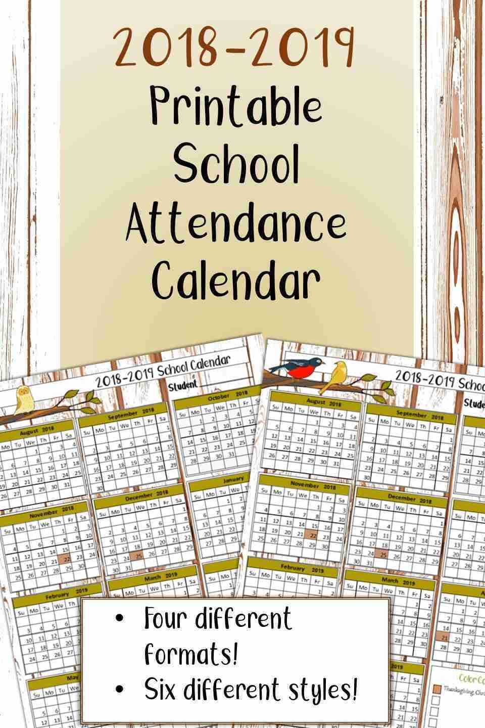 FREE 2018 2019 Printable School Attendance Calendar Record Wonder Filled Days