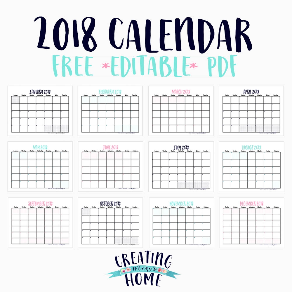 FREE 2018 Calendar Editable PDF Creatingmaryshome