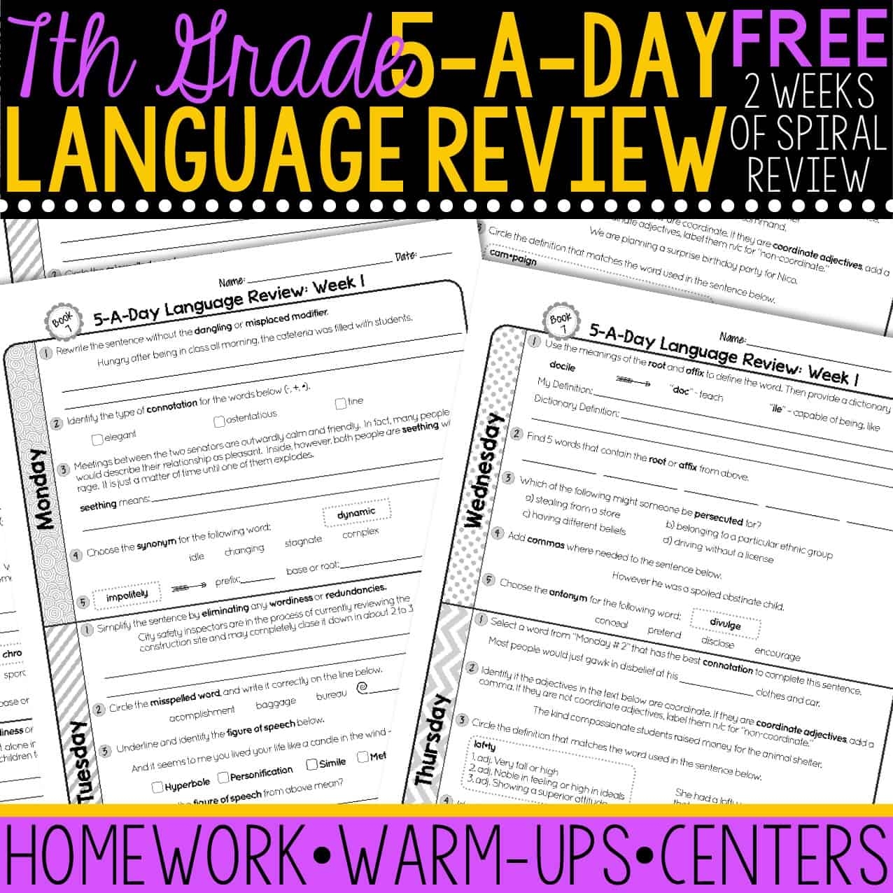FREE 7th Grade Daily Language Spiral Review Teacher Thrive
